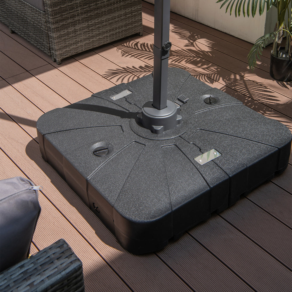 Offset patio umbrella base with wheels, 260 lbs capacity, made of HDPE, designed for stability and easy mobility.
