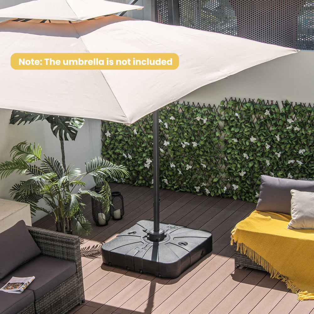Offset patio umbrella base with wheels, 260 lbs, HDPE material, designed for stability in outdoor settings.