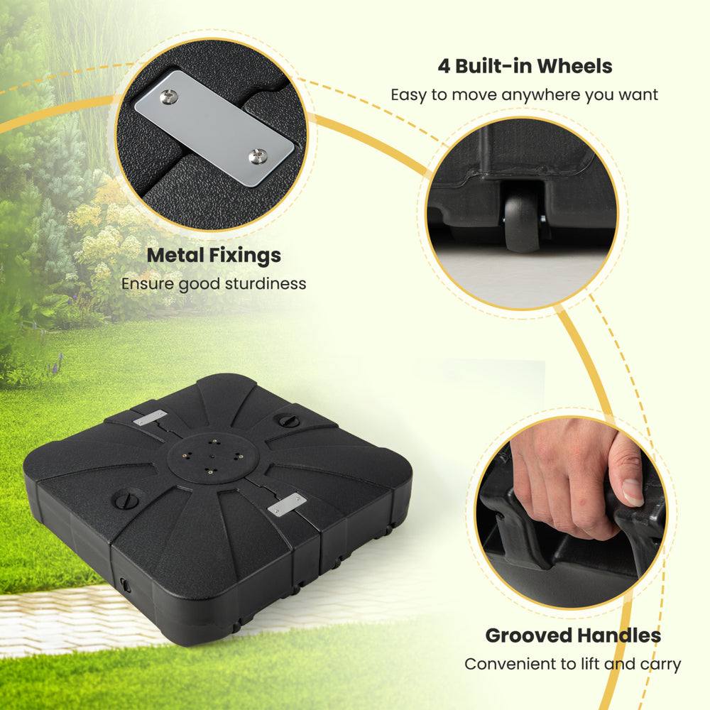 Offset patio umbrella base with wheels, made of HDPE, features 2 reservoirs for stability, ideal for outdoor use.