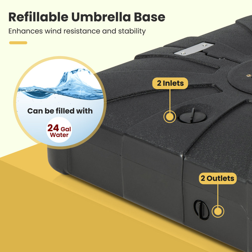 260 lbs offset patio umbrella base with wheels, featuring 2 water inlets for stability and durable HDPE material.