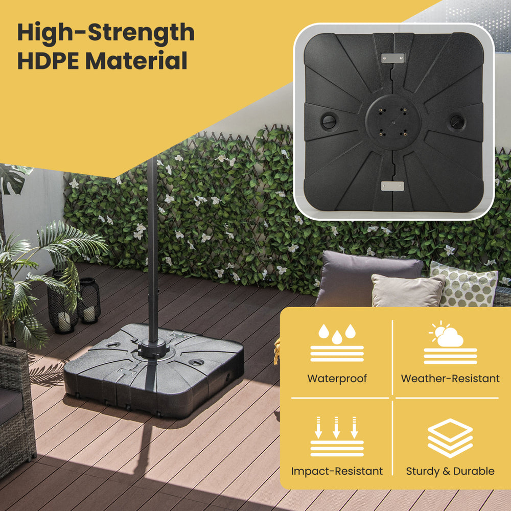 260 lbs offset patio umbrella base with wheels, made of HDPE material, waterproof and durable for outdoor use.