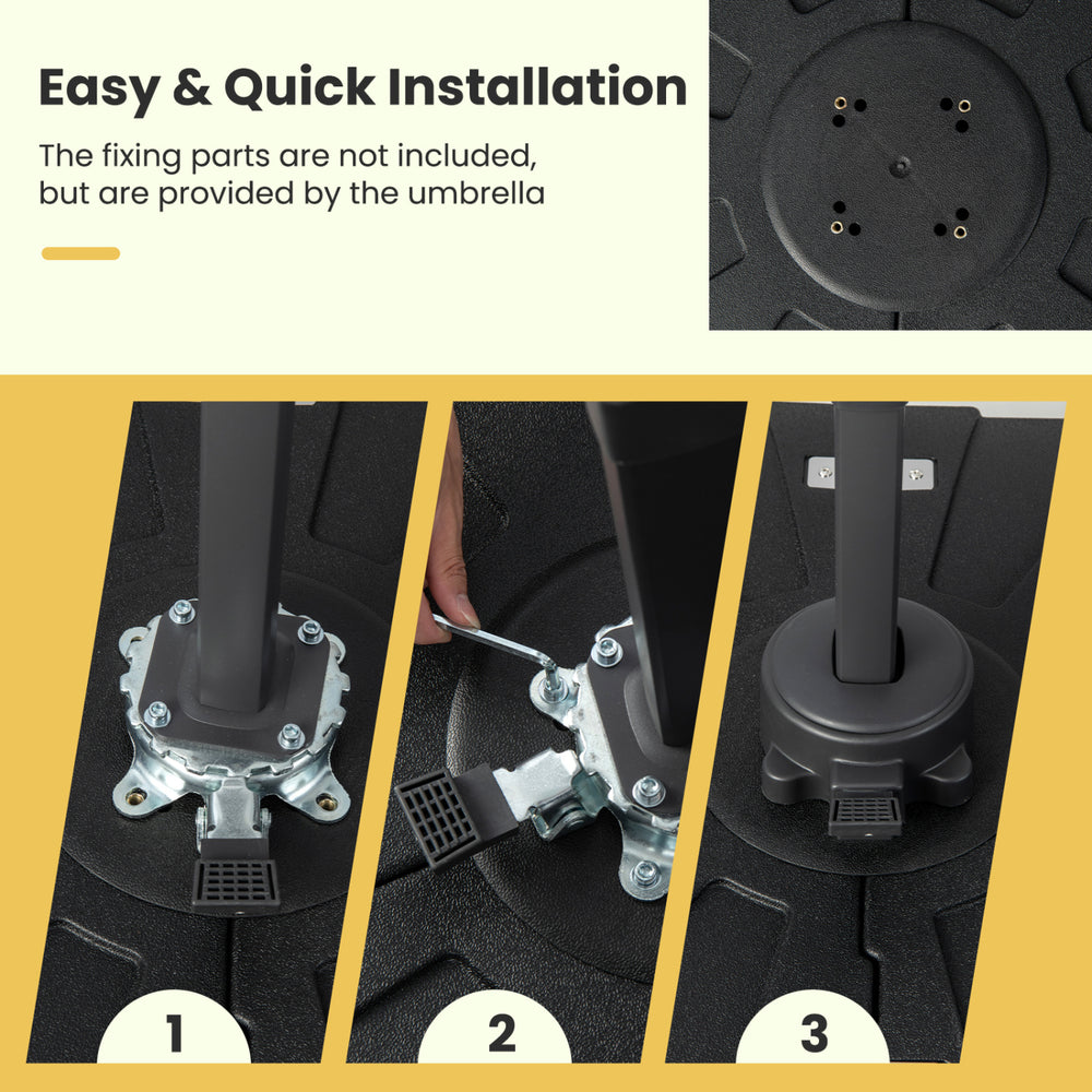 Offset patio umbrella base with wheels, featuring easy installation steps and dual water reservoirs for stability.