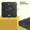 Offset patio umbrella base dimensions showing 260 lbs capacity, HDPE material, and built-in wheels for easy mobility.