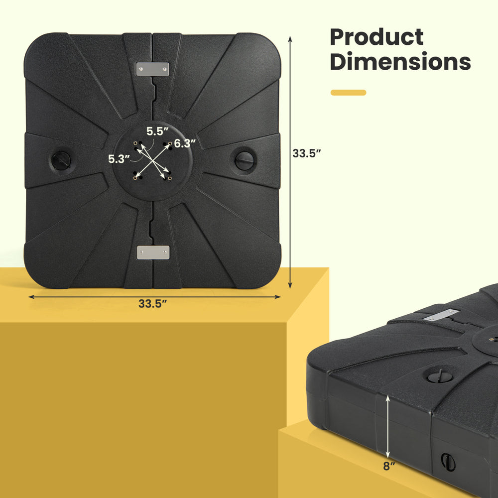 Offset patio umbrella base dimensions showing 260 lbs capacity, HDPE material, and built-in wheels for easy mobility.