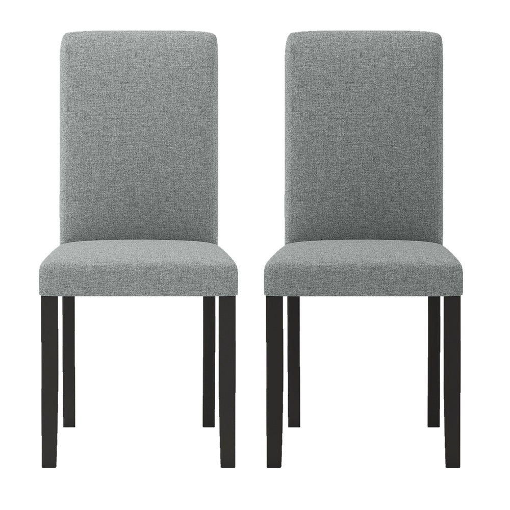 Set of 2 gray dining chairs with rubber wood legs, featuring high backrests and thick cushions for comfort and support.