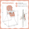 Compact highchair in pink with adjustable tray, removable cushion, and foldable design for easy storage and transport.