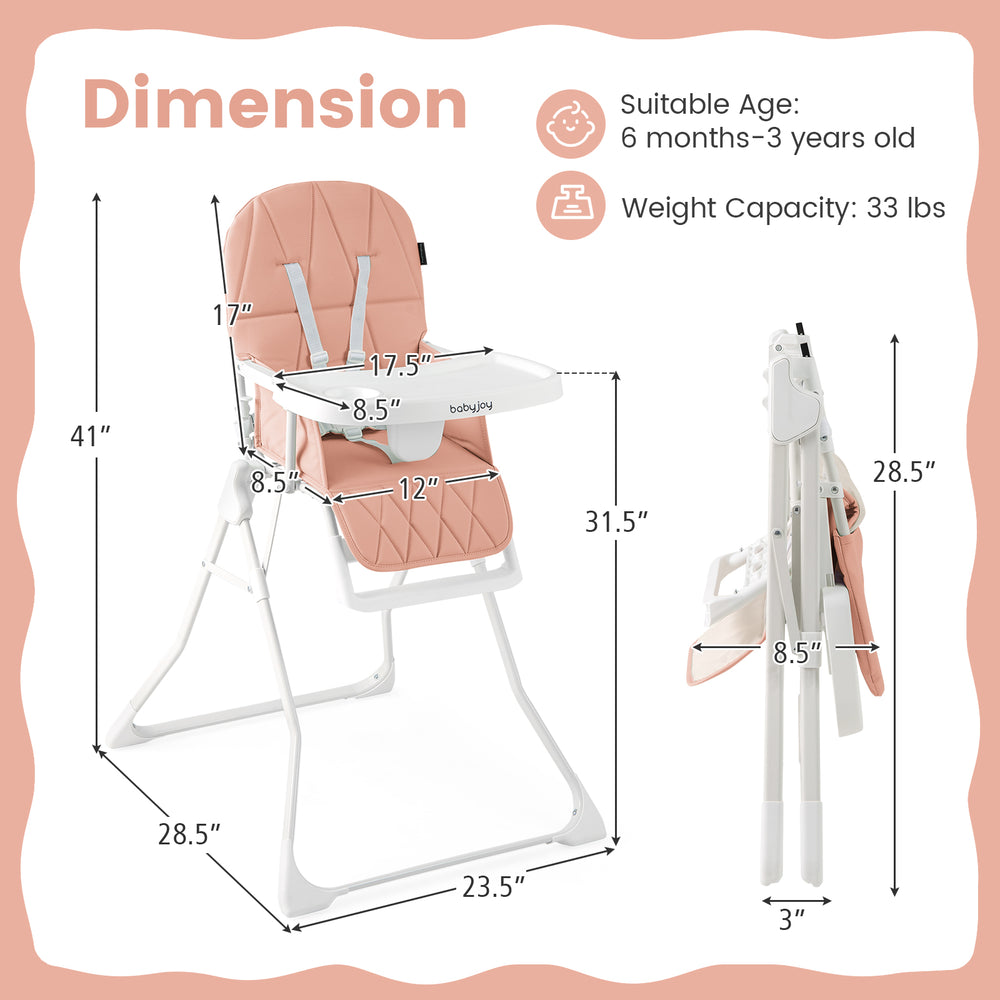 Compact highchair in pink with adjustable tray, removable cushion, and foldable design for easy storage and transport.