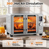 26.4 quart silver convection toaster oven with French doors, dual heating elements, and 11 preset cooking modes for convenience.