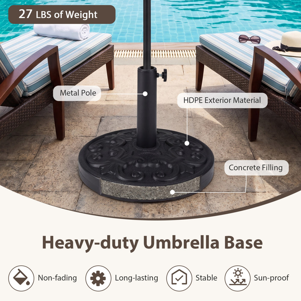 Heavy-duty round umbrella stand with adjustable knob, 26.5 lbs concrete filling, for 8-9 ft patio umbrellas.