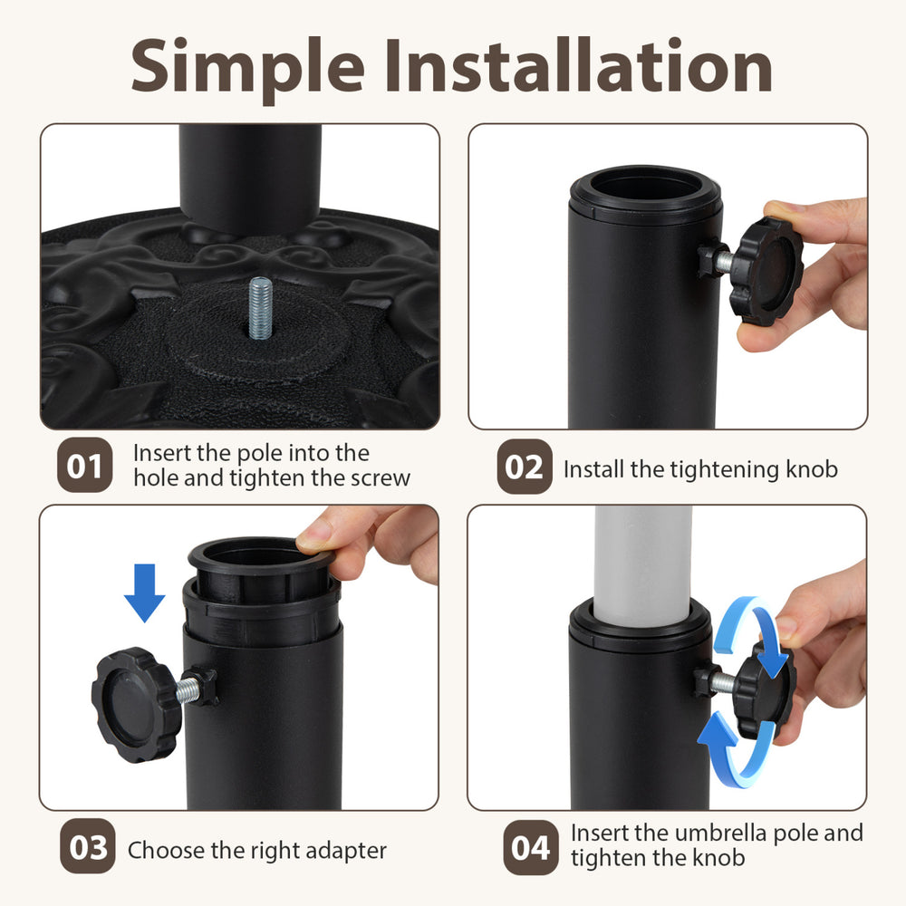 Heavy-duty round umbrella stand with adjustable knob, featuring simple installation and 26.5 lbs concrete support for.