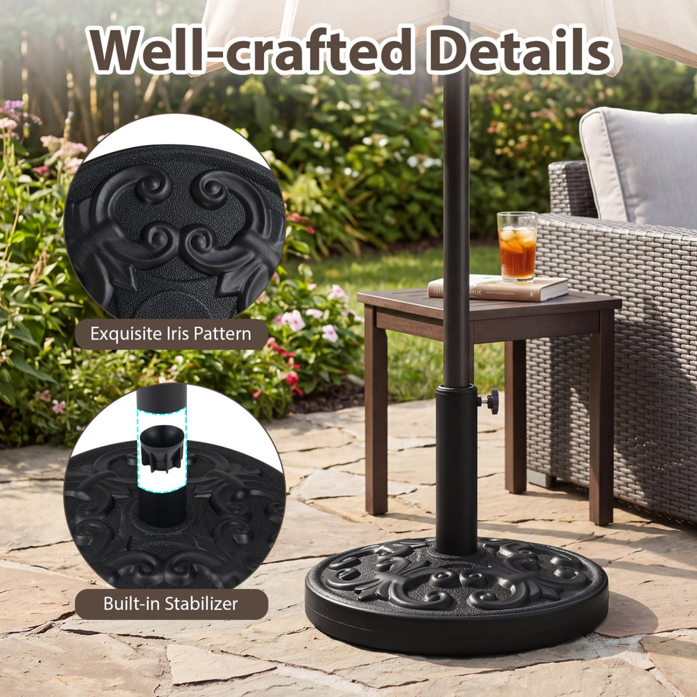 Heavy-duty round umbrella stand with adjustable knob, featuring a non-fading HDPE exterior and exquisite iris pattern.