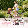 26-inch pink beach cruiser bike with woven basket, dual brakes, and rear rack for stylish and stable riding.