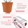 Woven front basket for 26-inch pink beach cruiser bike, 11 lbs capacity, ideal for stylish storage and market finds.