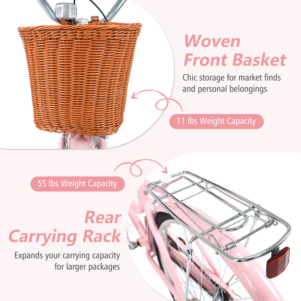 Woven front basket for 26-inch pink beach cruiser bike, 11 lbs capacity, ideal for stylish storage and market finds.