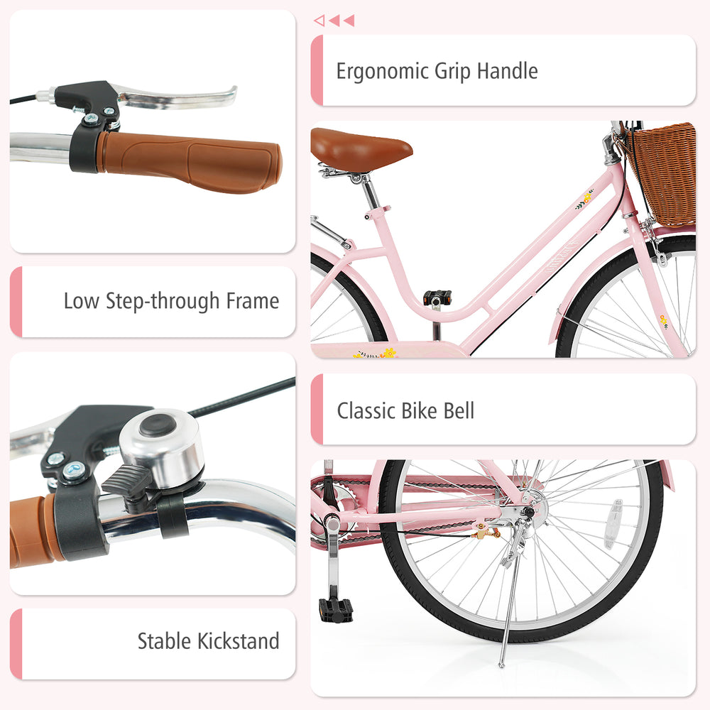 Close-up of the ergonomic grip handle on a pink 26-inch beach cruiser bike for women, featuring a classic bike bell.