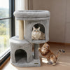 Large padded perch and dual condos on a 26-inch light gray cat tower, perfect for multi-cat households.
