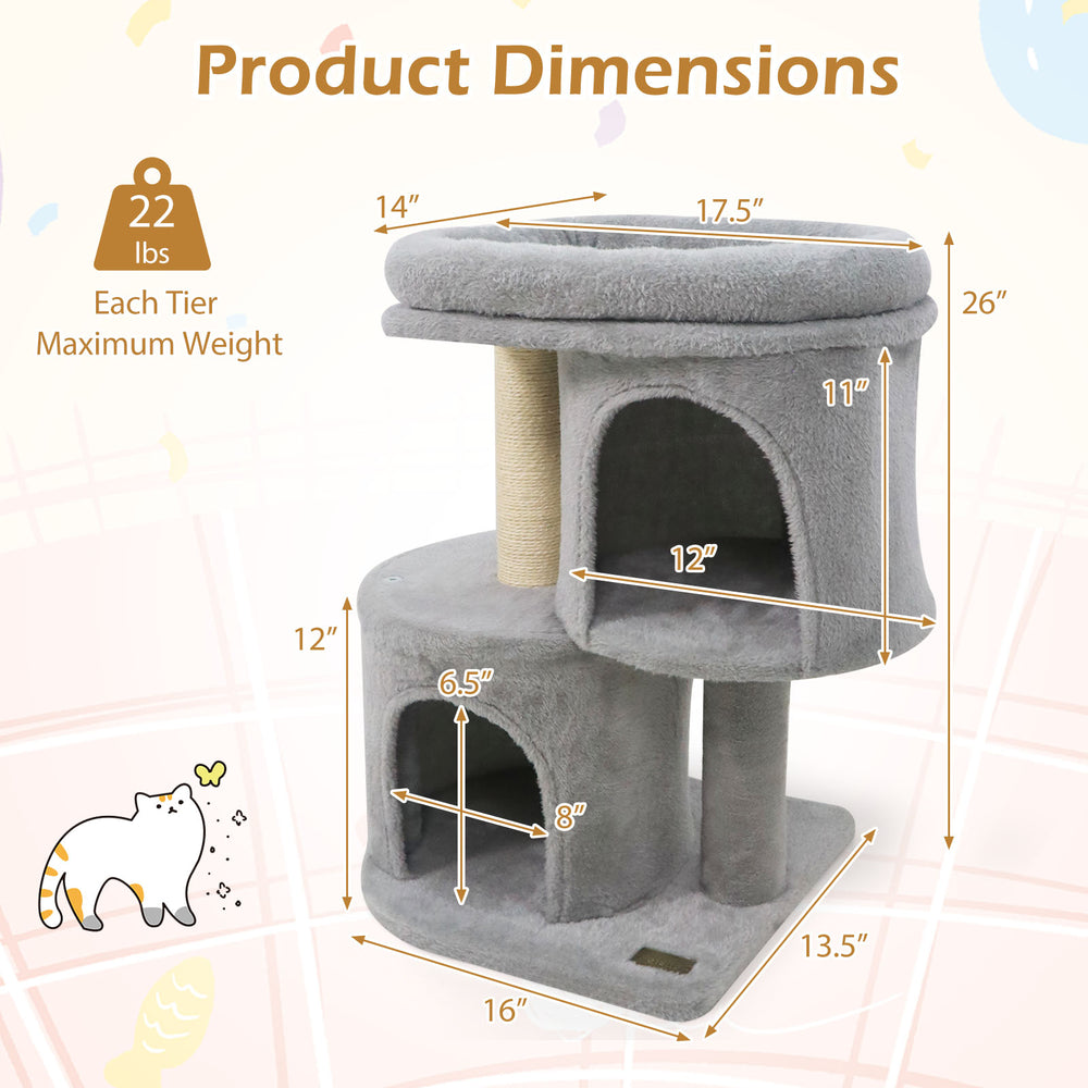 Dimensions of the 26-inch light gray cat tower featuring dual condos and a large padded perch for comfortable resting.