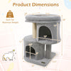 Dimensions of the 26-inch light gray cat tower featuring dual condos and a large padded perch for comfortable resting.