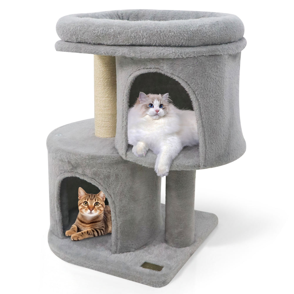 Large gray cat tower with dual condos and padded perch, ideal for napping and scratching in multi-cat households.