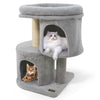 Large gray cat tower with dual condos and padded perch, ideal for napping and scratching in multi-cat households.