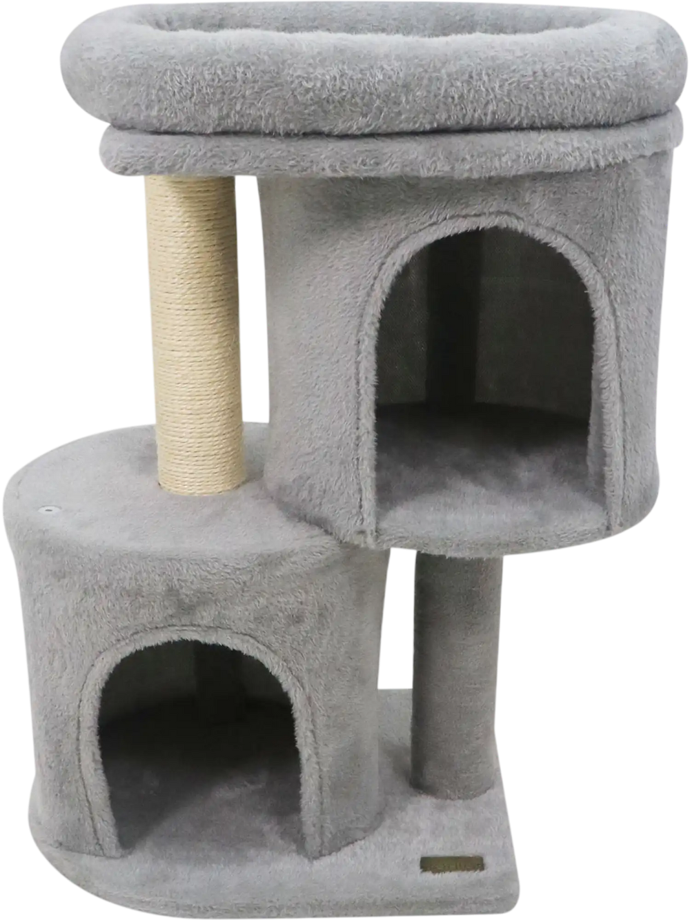 Multi-level 26-inch light gray cat tower featuring a large padded perch and dual condos for cozy resting spots.