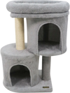 Multi-level 26-inch light gray cat tower featuring a large padded perch and dual condos for cozy resting spots.