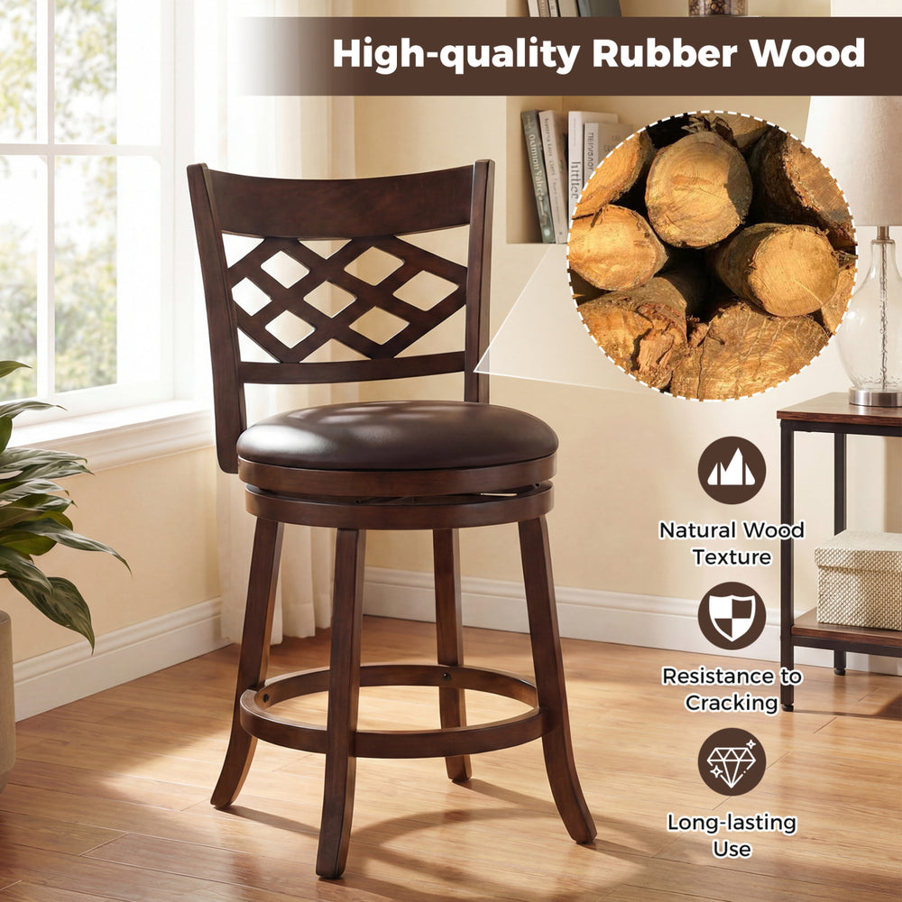 Counter height bar stool with 360° swivel, rubber wood frame, and curved backrest for kitchen island seating.