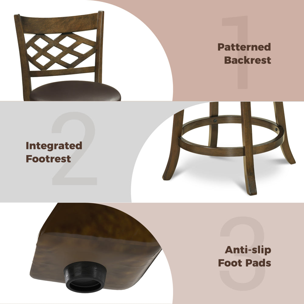 26-inch counter height bar stool with patterned backrest, integrated footrest, and anti-slip foot pads for kitchen use.