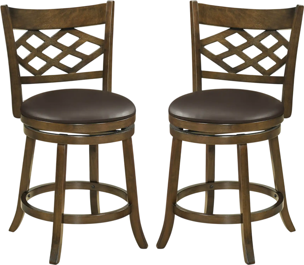 Set of 2 counter height bar stools with 360° swivel seats and rubber wood frame, ideal for kitchen islands or dining.
