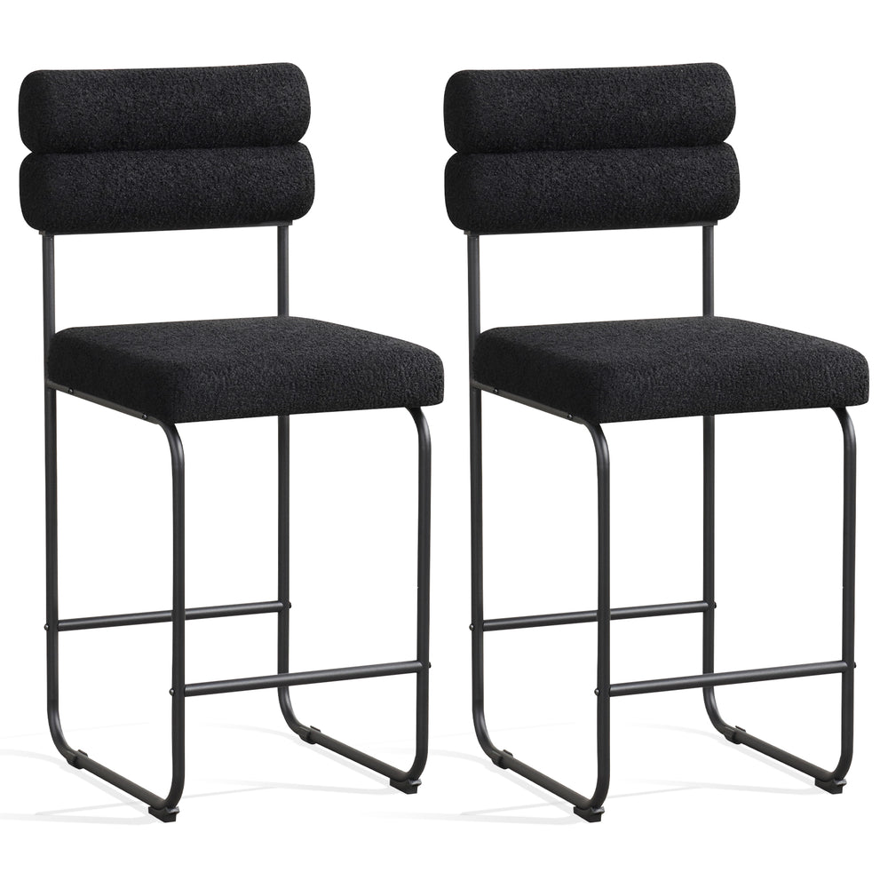 Set of 2 black counter height bar stools with metal frame, teddy fabric upholstery, and ergonomic backrest for kitchen.