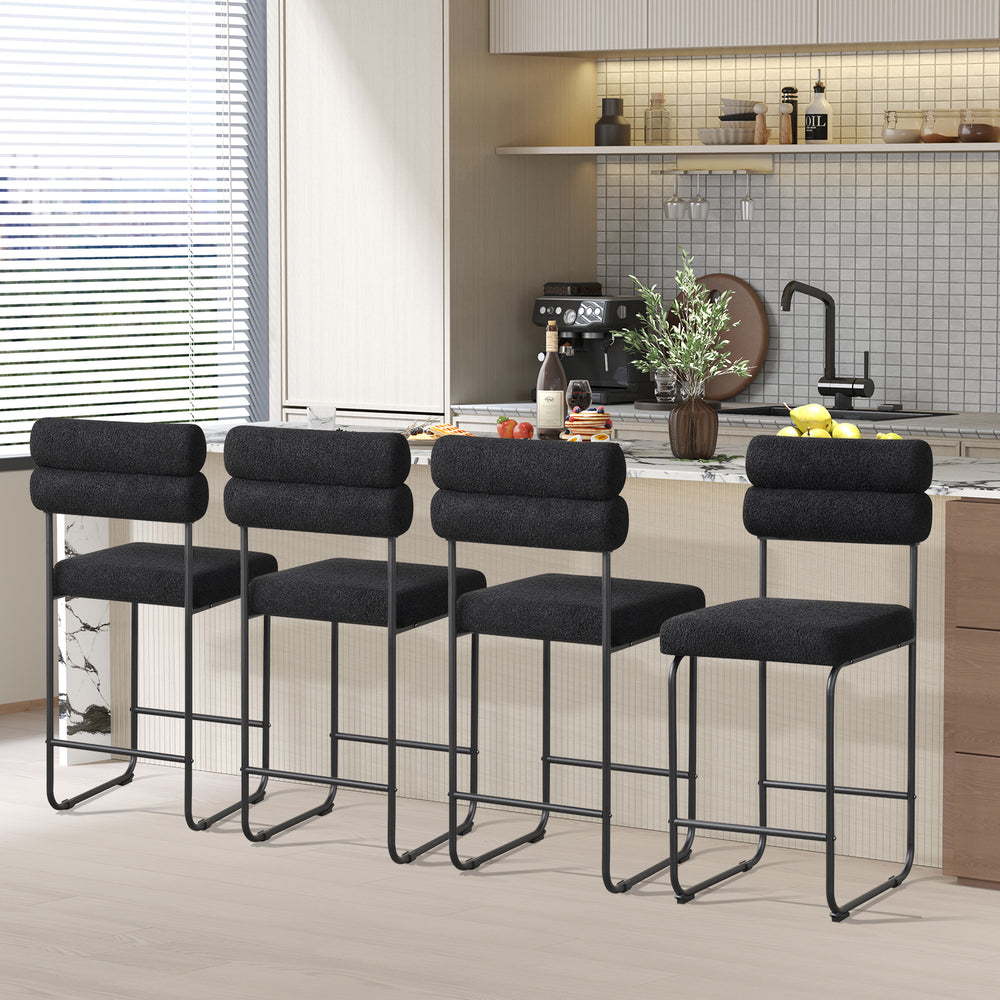 Set of 2 black 26-inch counter height bar stools with metal frame, ergonomic backrest, and footrest for kitchen use.