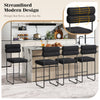 Set of 2 black counter height bar stools with metal frame, ergonomic backrest, and footrest for kitchen or dining use.