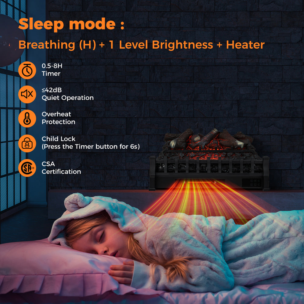 Child sleeping peacefully near the 26 Inch Electric Fireplace Heater, enjoying warmth and safety with CSA certification.