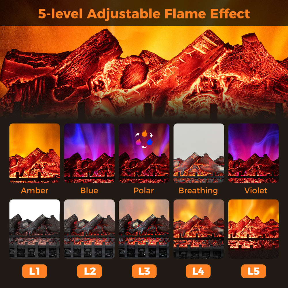 Adjustable flame effects in five colors for the 26 Inch Electric Fireplace Heater, enhancing warmth and ambiance.