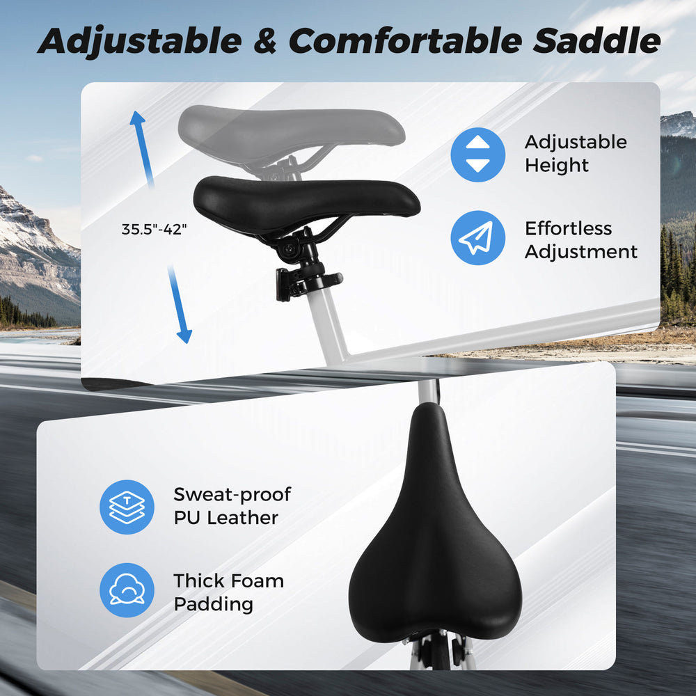 Adjustable saddle of the 26-inch mountain bike with thick foam padding and sweat-proof PU leather for comfort.
