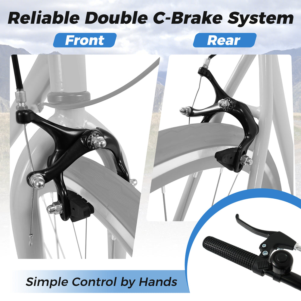 Front and rear double C-brake system of the 26-inch mountain bike for reliable stopping and easy hand control.