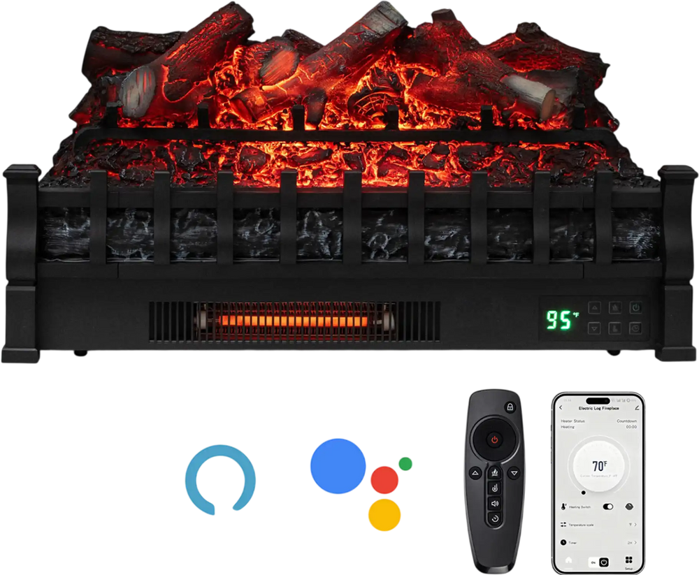 26-inch WiFi infrared quartz electric fireplace insert with realistic logs, featuring customizable flame colors and.