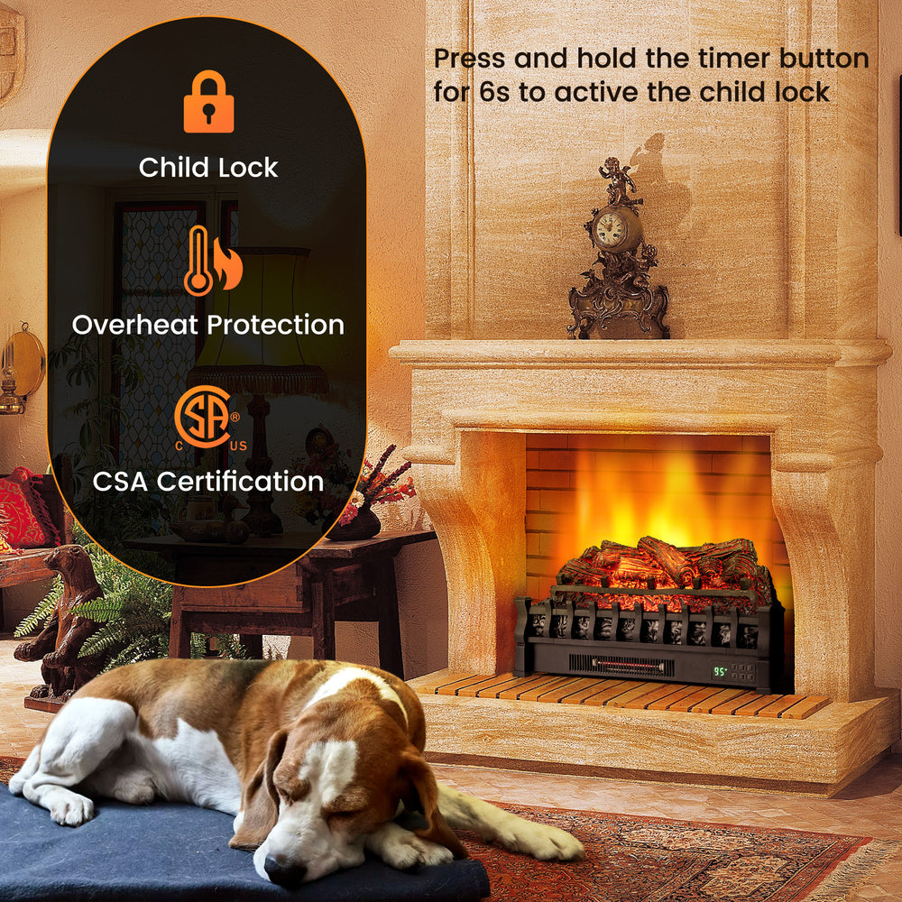 26-inch infrared quartz electric fireplace with realistic pinewood ember bed, CSA certified, perfect for heating up to.