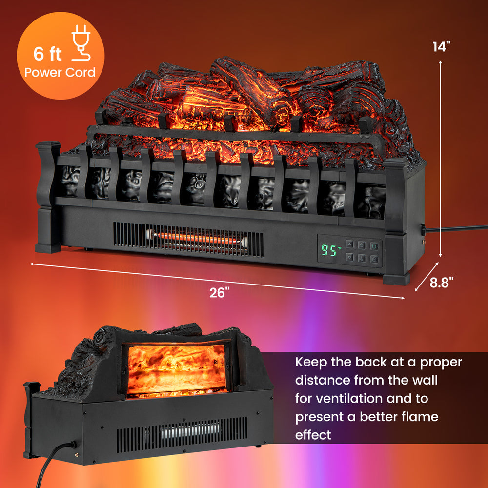 26-inch infrared quartz electric fireplace with realistic pinewood ember bed, 5 flame colors, and 1500W heating for.