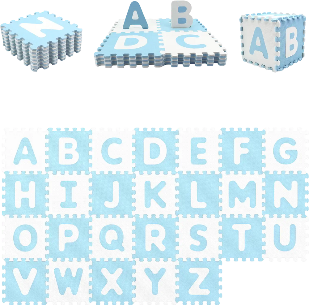 Interlocking ABC play mats in blue, featuring 26 detachable letters, soft EVA foam for safe, creative play.