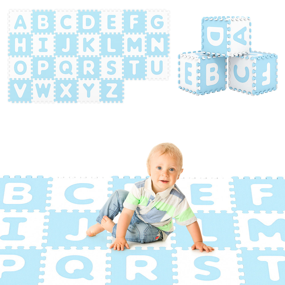 Interlocking ABC play mats in blue with detachable letters, providing a soft, safe surface for active play and learning.