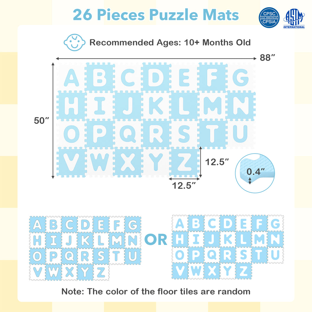 Blue interlocking ABC play mats with detachable letters, 26 pieces, soft EVA foam for safe crawling and easy cleaning.