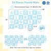 Blue interlocking ABC play mats with detachable letters, 26 pieces, soft EVA foam for safe crawling and easy cleaning.