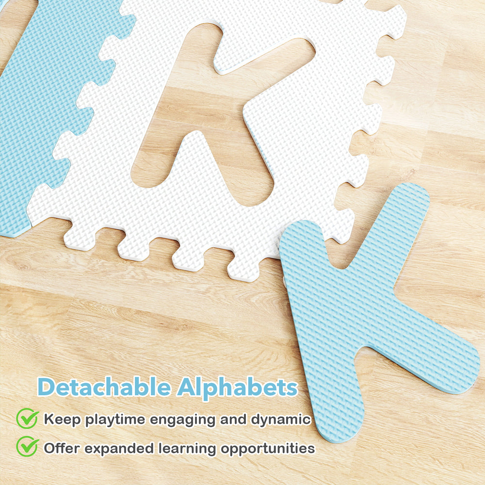 Interlocking ABC play mat with detachable blue letters, made of soft EVA foam for safe and engaging playtime.