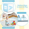 Interlocking ABC play mats in blue with detachable letters, soft EVA foam for safe and comfy playtime.