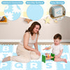 Interlocking ABC play mats in blue, featuring soft EVA foam, non-slip surface, and detachable letters for safe play.