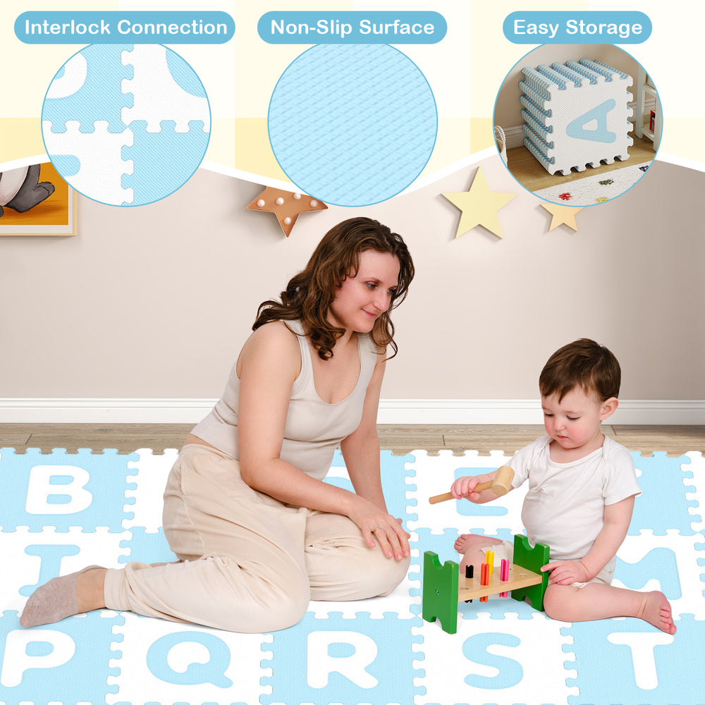 Interlocking ABC play mats in blue, featuring soft EVA foam, non-slip surface, and detachable letters for safe play.