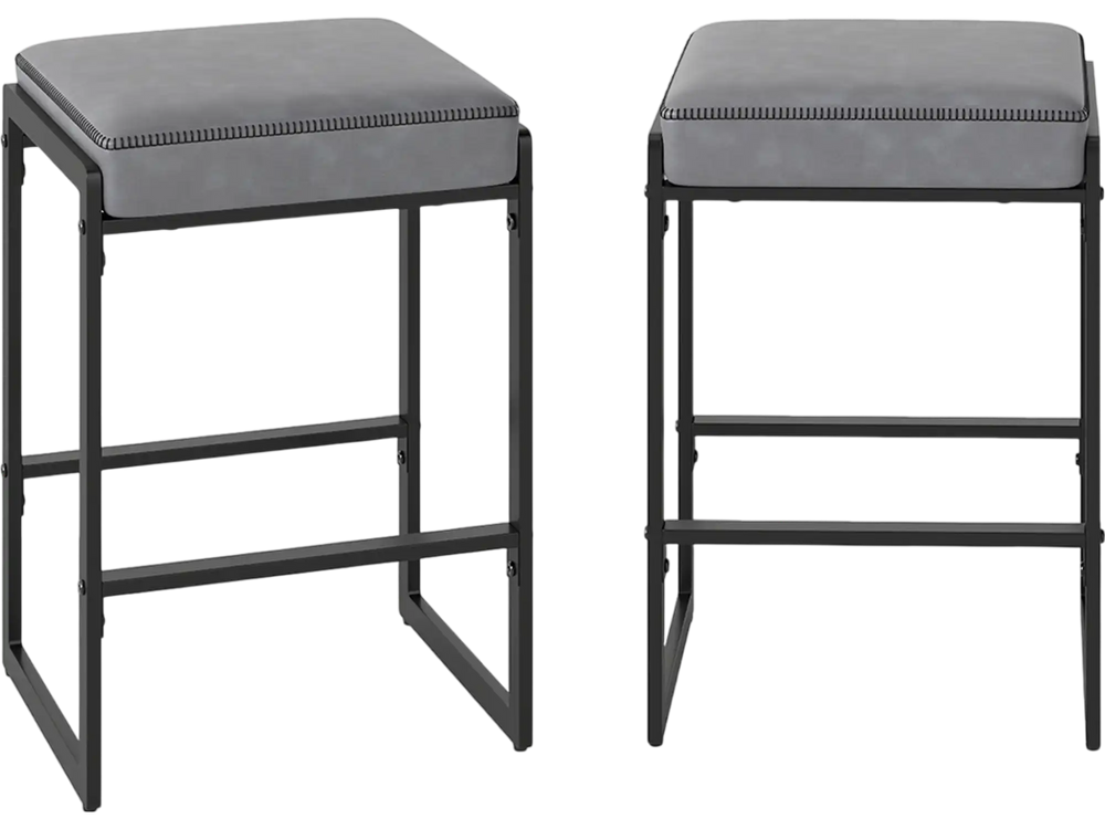 Set of 2 gray 26-inch bar stools with faux leather seats and sturdy metal frames, perfect for kitchen islands or home.