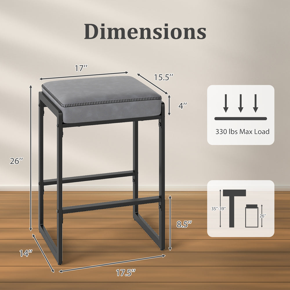 Counter height bar stool dimensions with gray faux leather seat, 26" height, and sturdy metal frame for kitchen use.