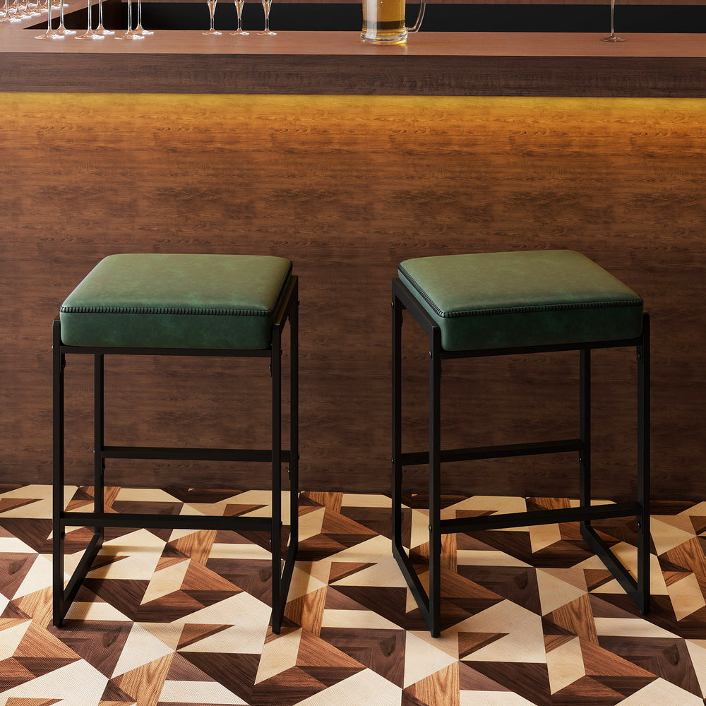 26 inch Bar Stools Set of 2 Counter Height Barstools with Faux Leather Upholstered Seat-Green - Gallery View 1 of 10